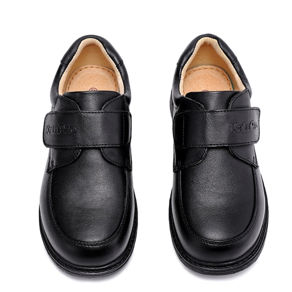 Boy Black Dress Shoe/Velcro/Round Flat/Slip on/ Genuine Leather/Back to School/ - Picture 5 of 11